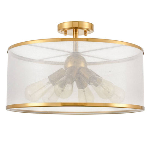 Modern Gold Drum Ceiling Light Organza Lamp Shade 6-Light